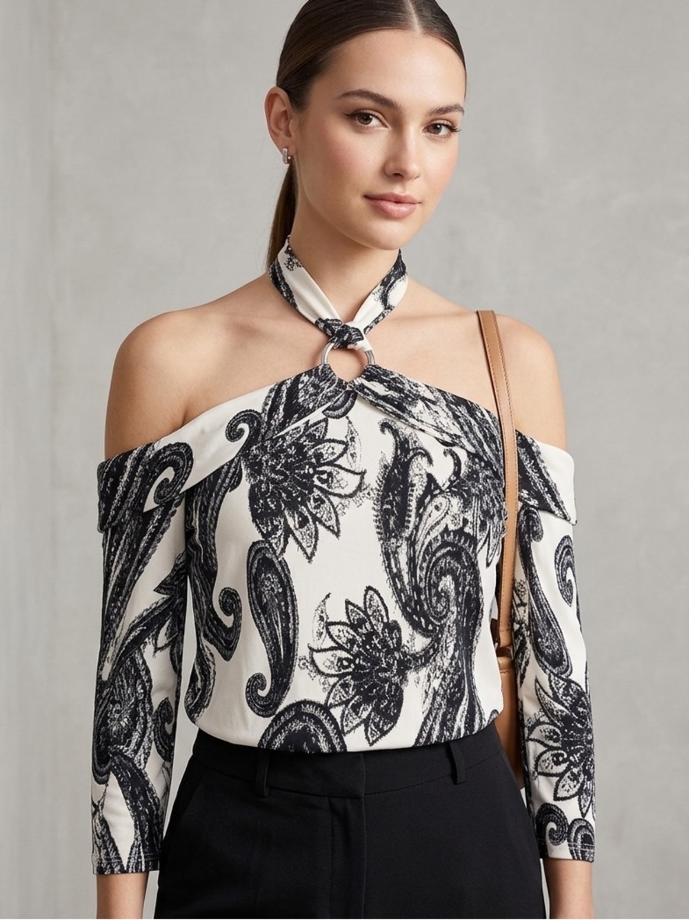 Ariella Off-Shoulder Halter Paisley Top in Ivory and Black silver ring - medium